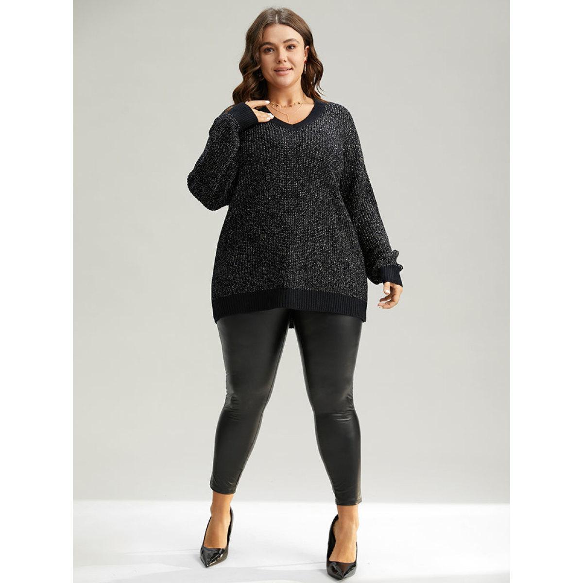 Plus Size Sparkly Elastic Cuffs Loose Pullover Black Women Casual Loose Long Sleeve V-neck Dailywear Pullovers BloomChic 28/5X Product Image