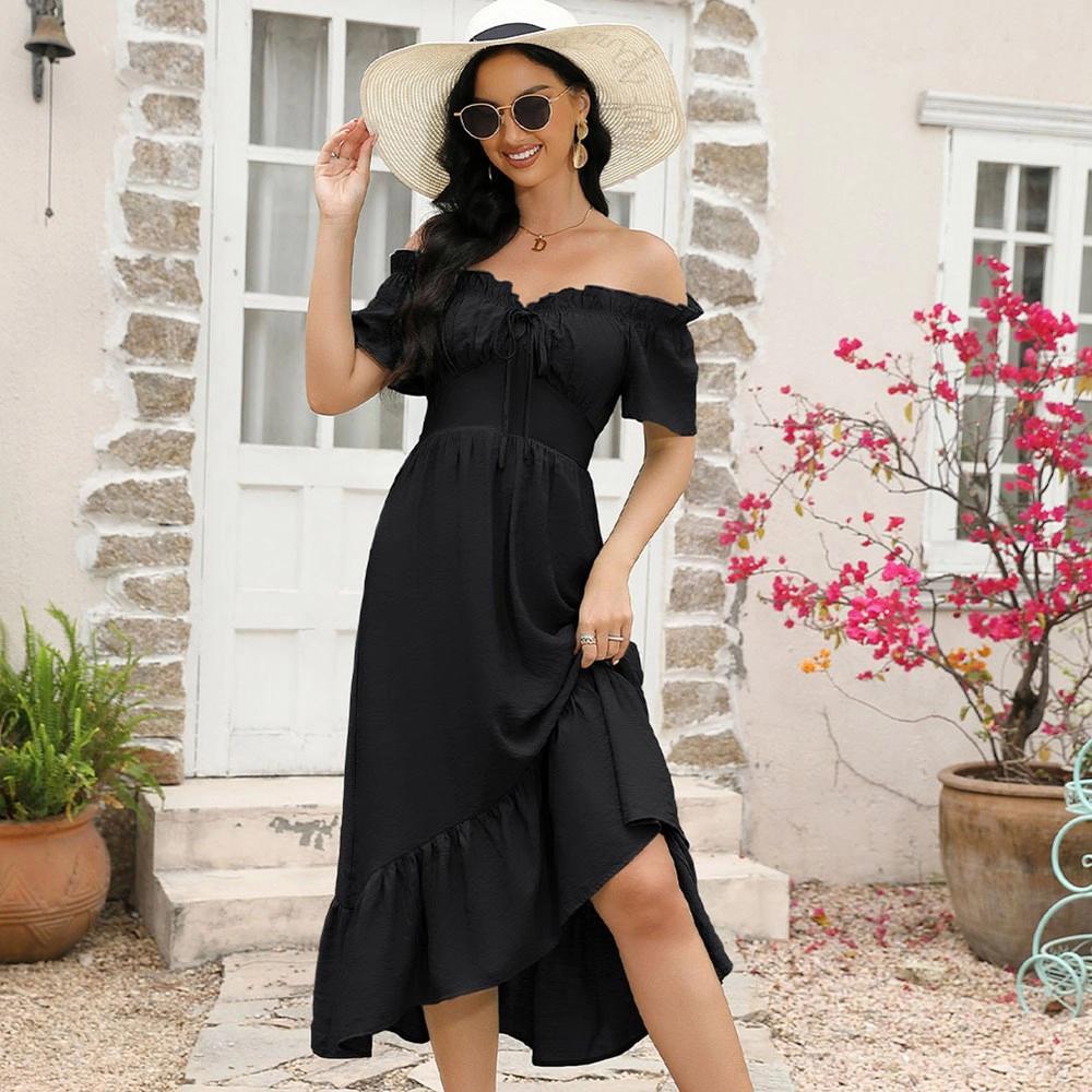Womens Elegant Dress Ruffled Neckline Flutter Short Sleeve Maxi Dress Off Shoulder Empire Waist Dress with Flounce Hem Product Image