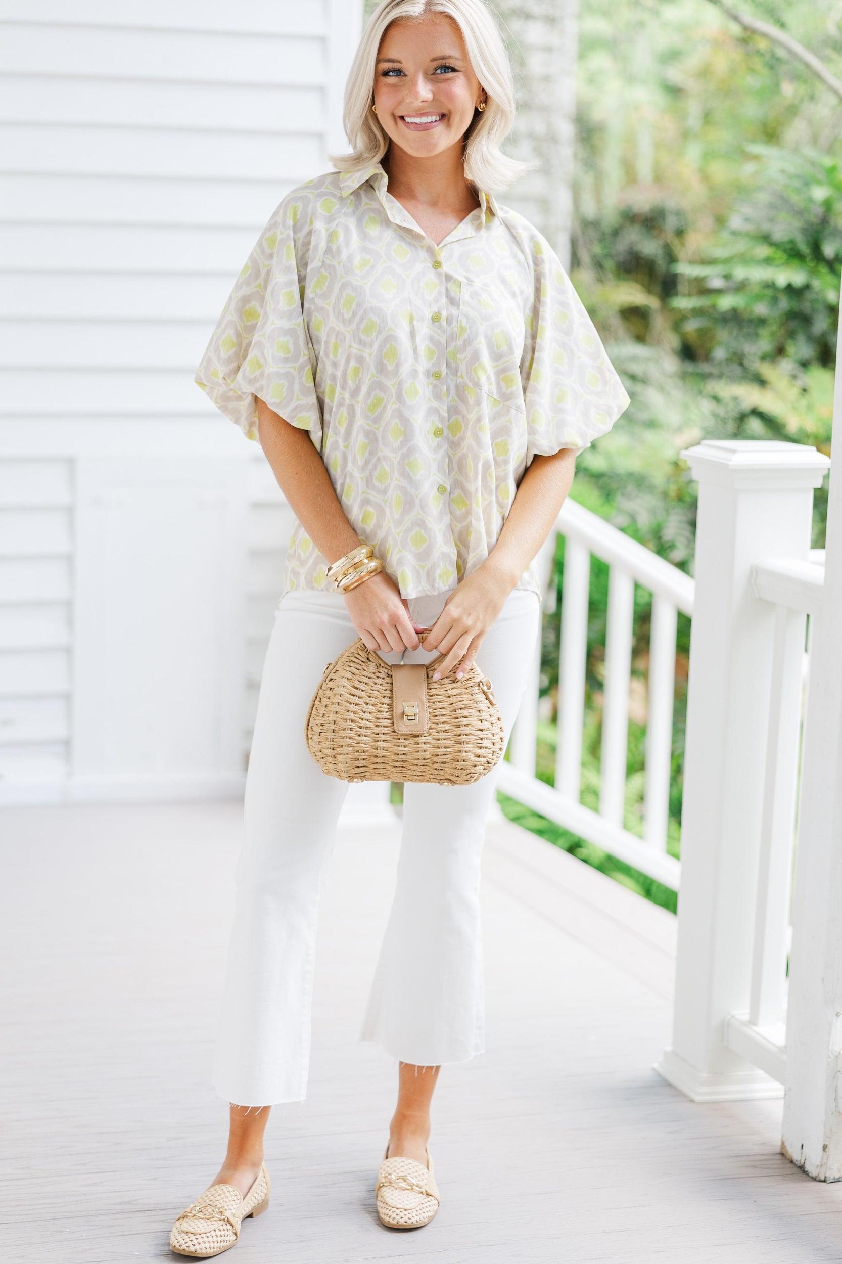 Catch Them Looking Soft Lime Green Abstract Blouse Female Product Image