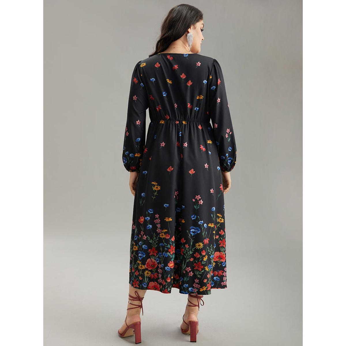 Plus Size Boho Print Overlap Collar Lantern Sleeve Dress Black Women Elegant Elastic cuffs Overlap Collar Long Sleeve Curvy Midi Dress BloomChic 14-16/1X Product Image