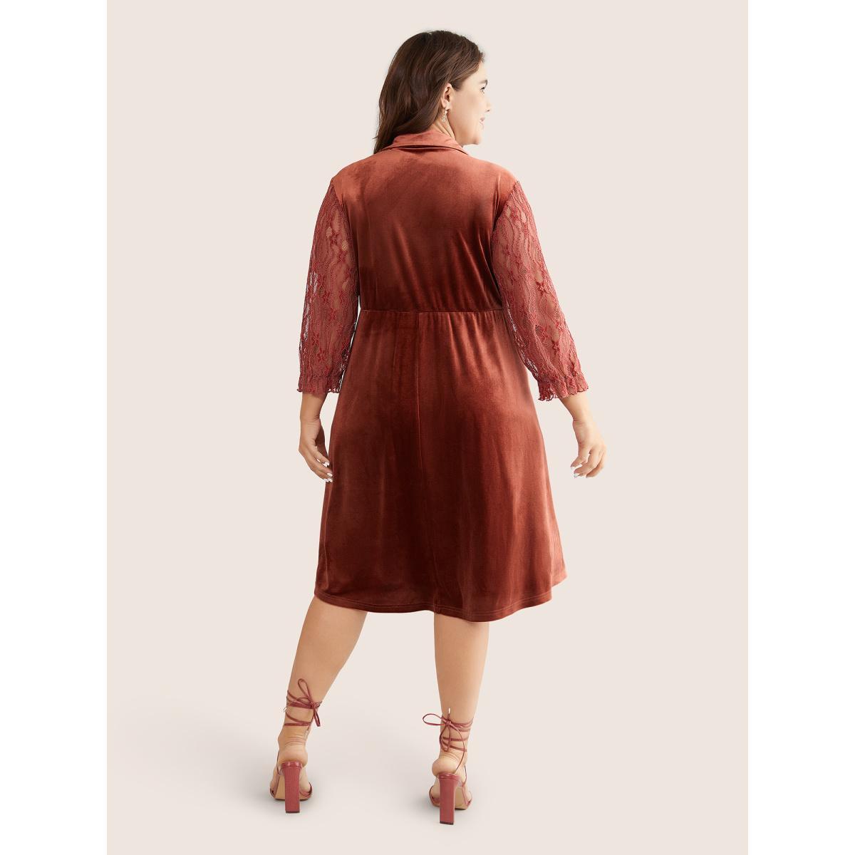 Plus Size Velvet Solid Guipure Lace Flutter Sleeve Dress Russet Women Elegant Velvet Lapel Collar Long Sleeve Curvy Midi Dress BloomChic 28/5X Product Image