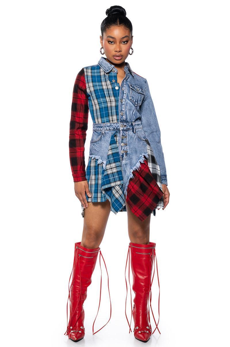 PATCHWORK PLAID DENIM MINI DRESS Product Image