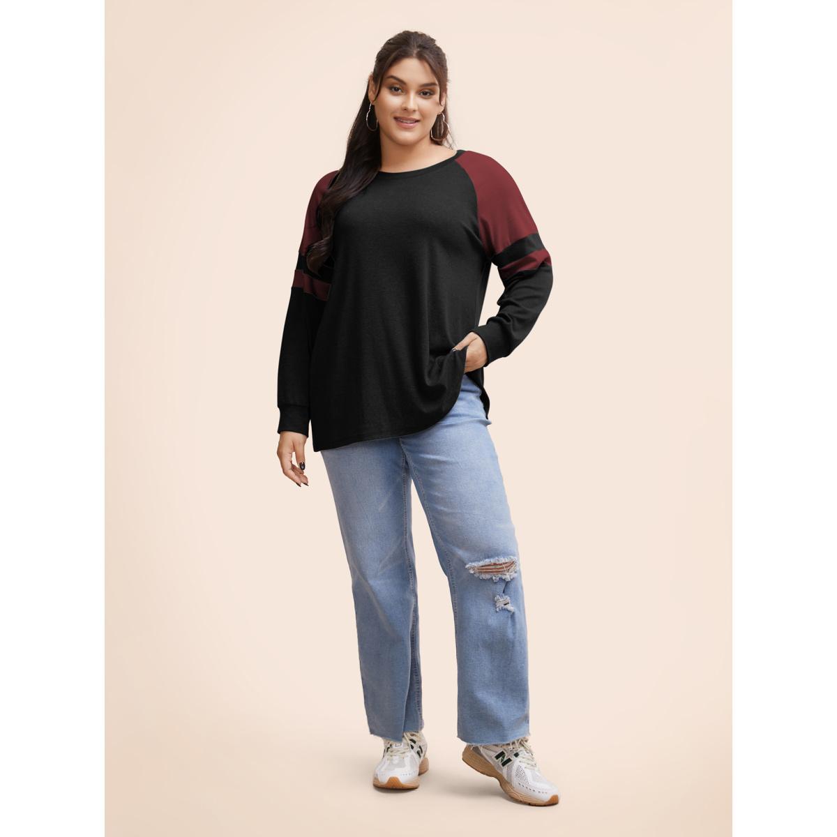 Plus Size Colorblock Contrast Stitch Raglan Sleeve T-shirt Black Women Casual Elastic cuffs Striped Round Neck Dailywear T-shirts BloomChic 22-24/3X Product Image