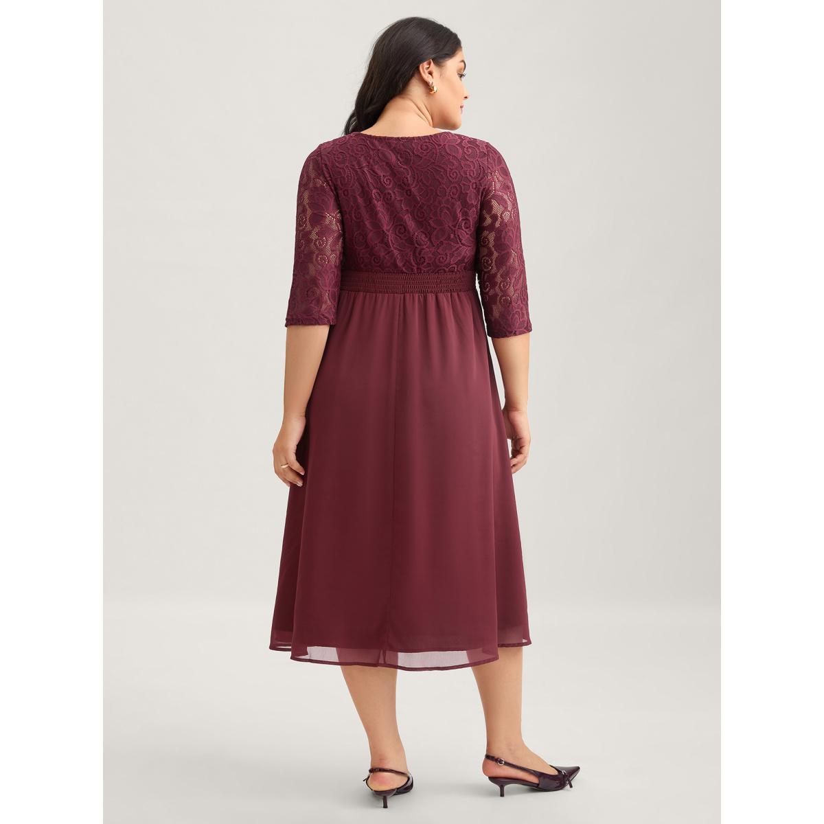 Plus Size Lace Patchwork Shirred Midi Pocket Dress Burgundy Women Cocktail Woven ribbon&lace trim Round Neck Elbow-length sleeve Curvy BloomChic 28/5X Product Image