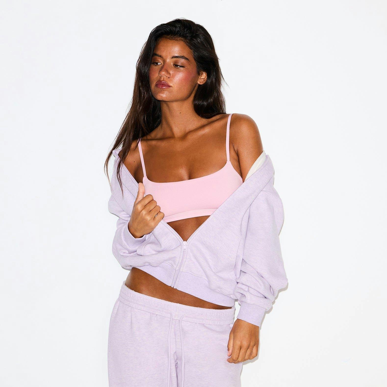 COTTON FLEECE CROPPED ZIP UP HOODIE | PURPLE HEATHER Product Image