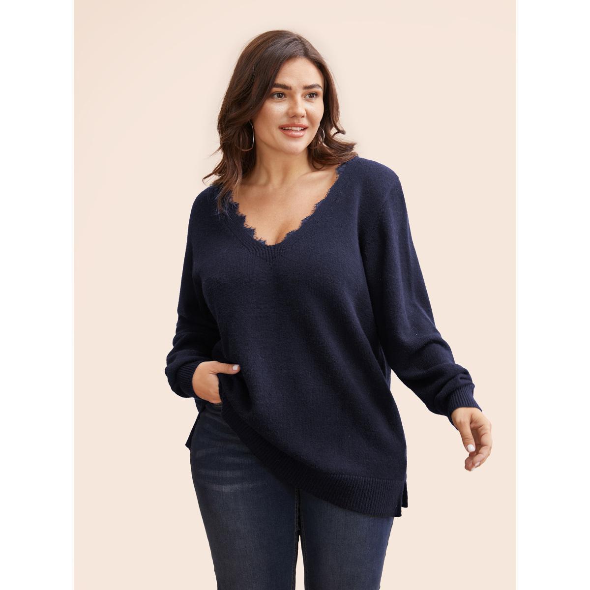 Plus Size V Neck Lace Patchwork Backless Pullover Indigo Women Elegant Long Sleeve V-neck Everyday Pullovers BloomChic 26/4X Product Image