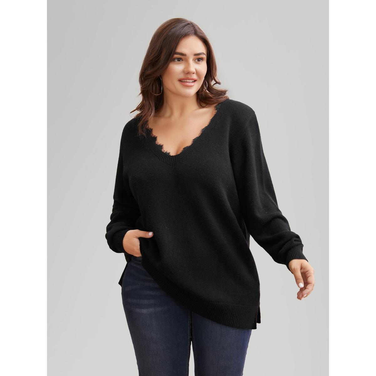 Plus Size V Neck Lace Patchwork Backless Pullover Black Women Elegant Long Sleeve V-neck Everyday Pullovers BloomChic 30/6X Product Image