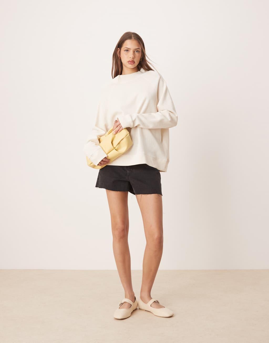 ASOS DESIGN long sleeve raglan waffle T-shirt in coconut milk Product Image