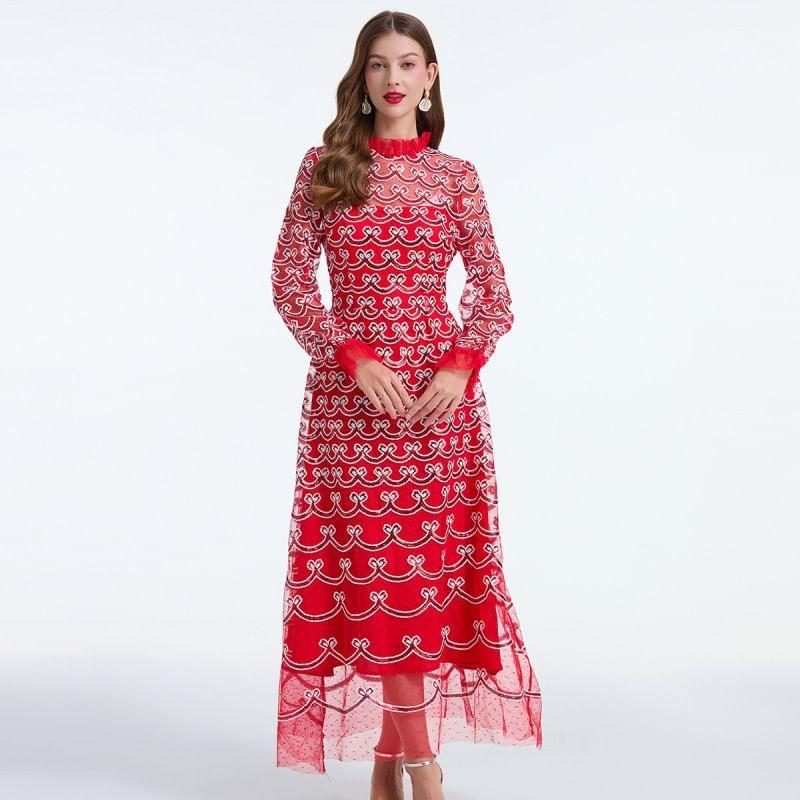 Long Sleeve Ruffle Neck Embroidered Mesh Maxi A-Line Dress Product Image