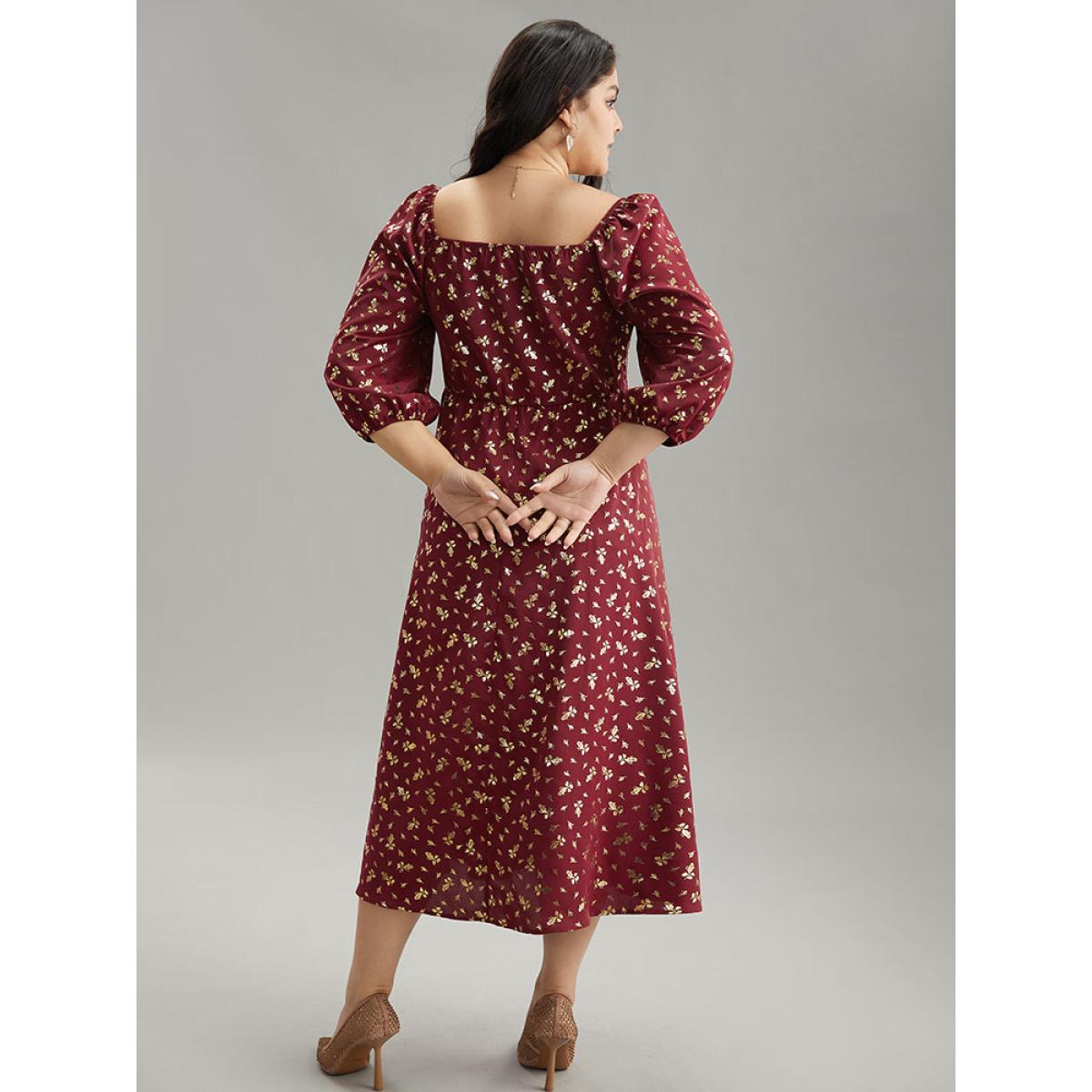 Plus Size Glitter Square Neck Shirred Split Front Frill Trim Dress Scarlet Women Party Elastic cuffs Square Neck Elbow-length sleeve Curvy Midi Dress BloomChic 28/5X Product Image