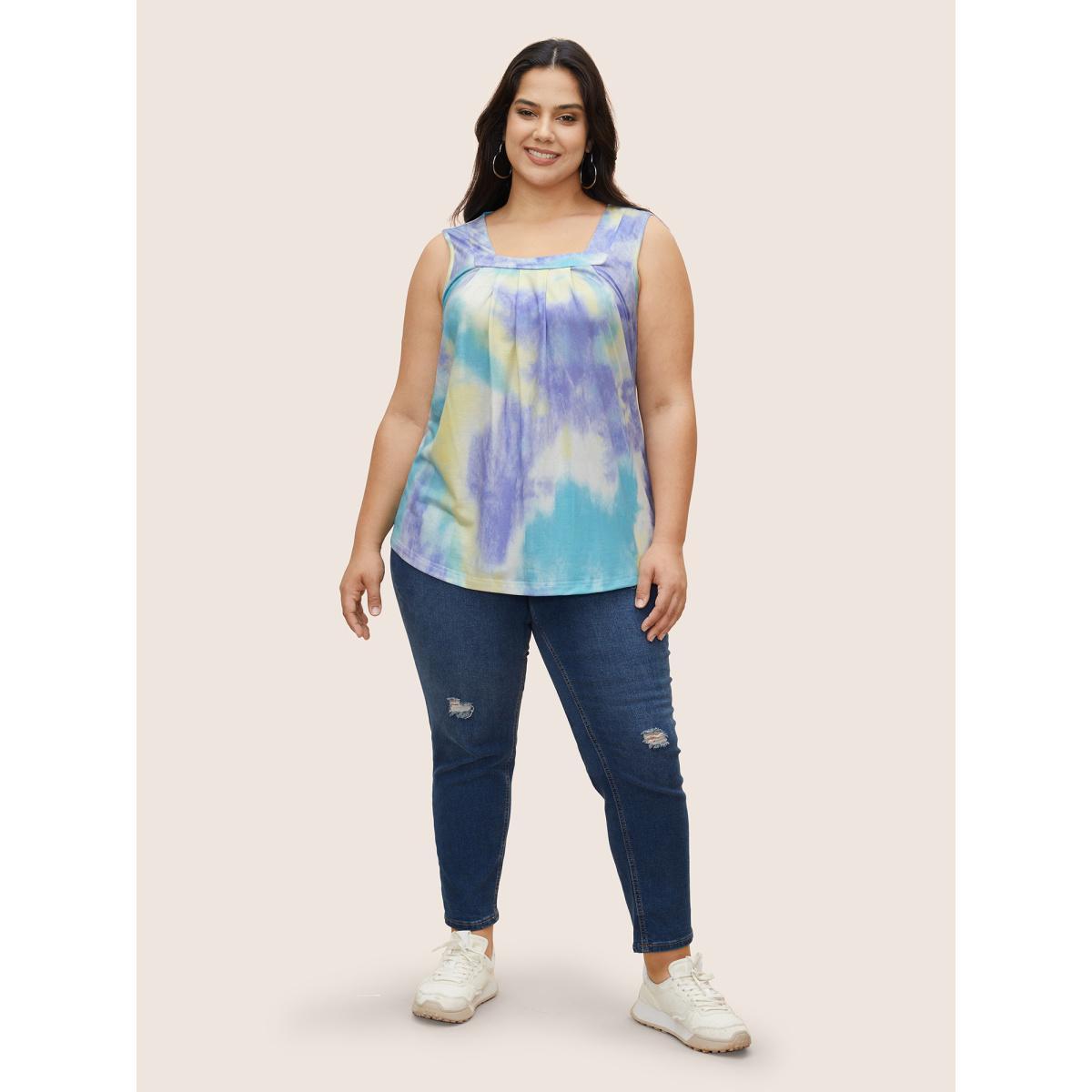 Plus Size Tie Dye U Neck Pleated Tank Top Women Multicolor Casual Contrast U-neck Everyday Tank Tops Camis BloomChic 26/4X Product Image