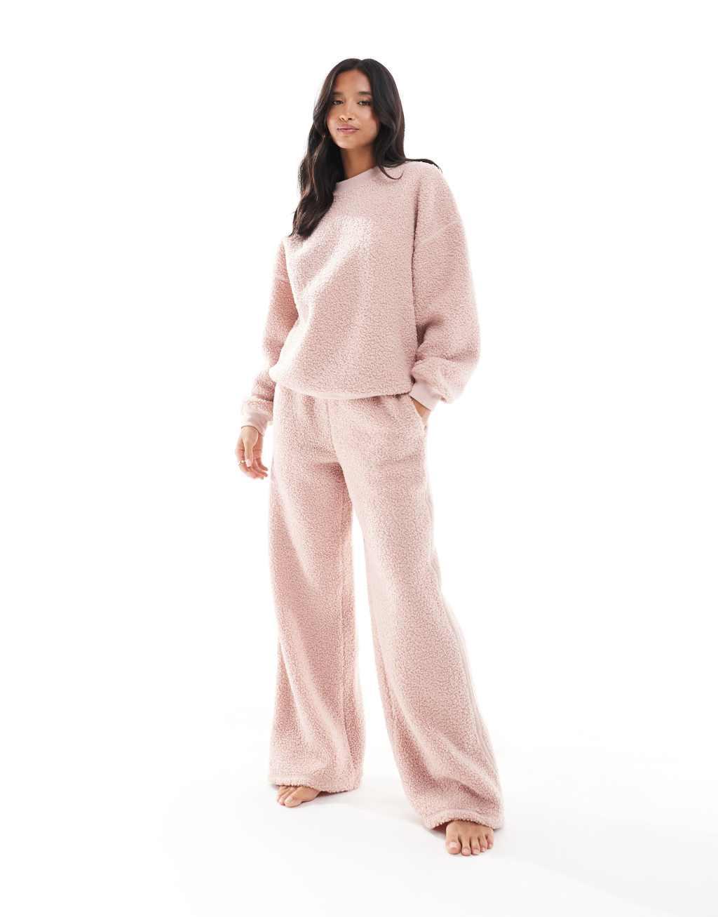 ASOS DESIGN Petite lounge teddy sweatshirt & wide leg pants set in pink Product Image