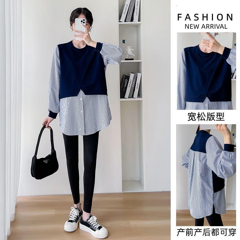 Maternity Long-Sleeve Round Neck Striped Panel Blouse Product Image