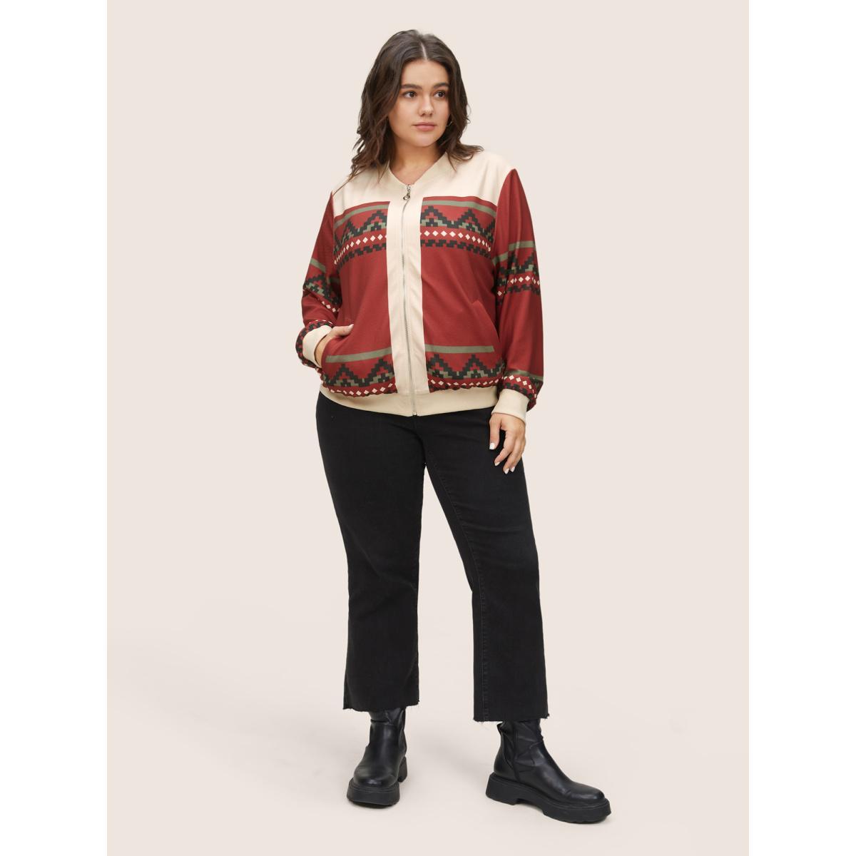 Plus Size Colorblock Rib Knit Pocket Zipper Fly Jacket Women Scarlet Non Slanted pocket Everyday Jackets BloomChic 30/6X Product Image
