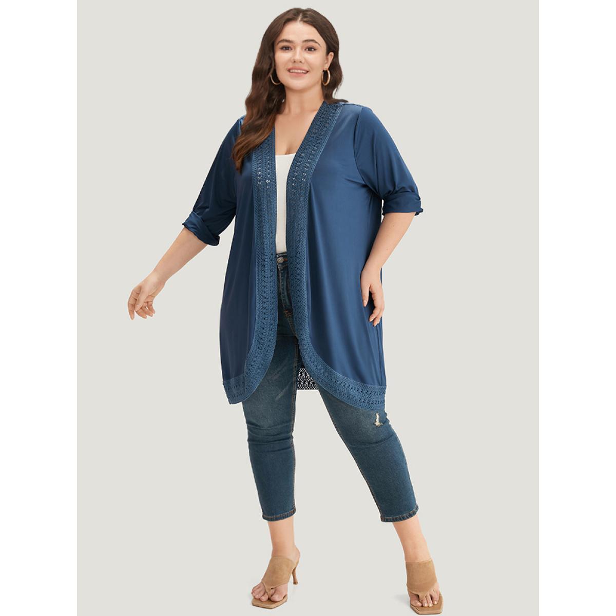 Plus Size Supersoft Essentials Plain Lace Patchwork Open Front Kimono Women DarkBlue Casual Plain Dailywear Kimonos BloomChic 22-24/3X Product Image