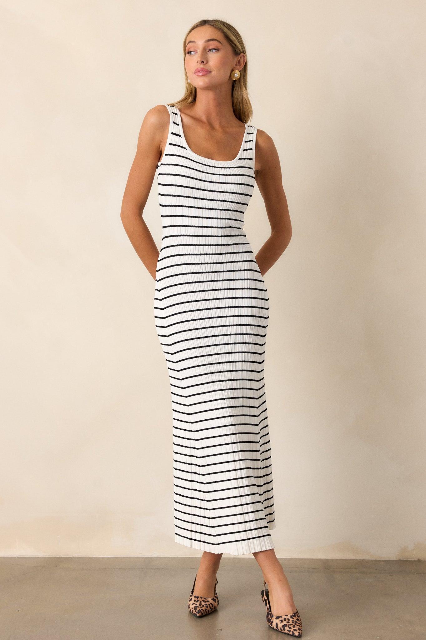 Classic Rhythm White Stripe Ribbed Maxi Dress Product Image