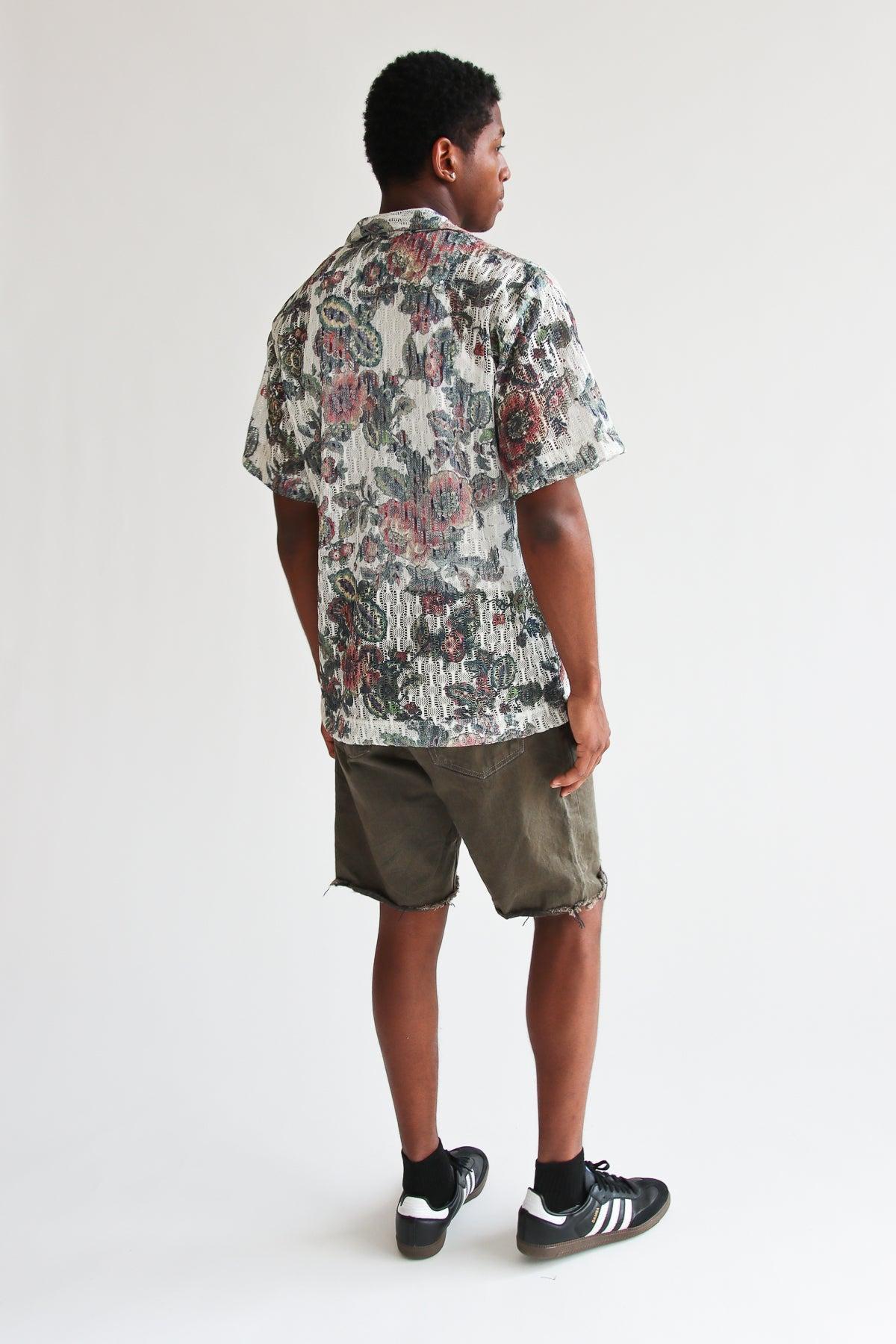 Printed Floral Open Knit Button Up Shirt Product Image
