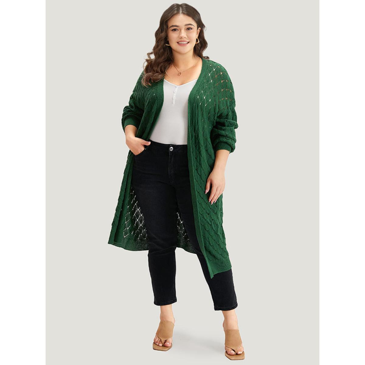Plus Size Plain Geo Eyelet Drop Shoulder Maxi Cardigan Emerald Women Casual Loose Long Sleeve Dailywear Cardigans BloomChic 18-20/2X Product Image