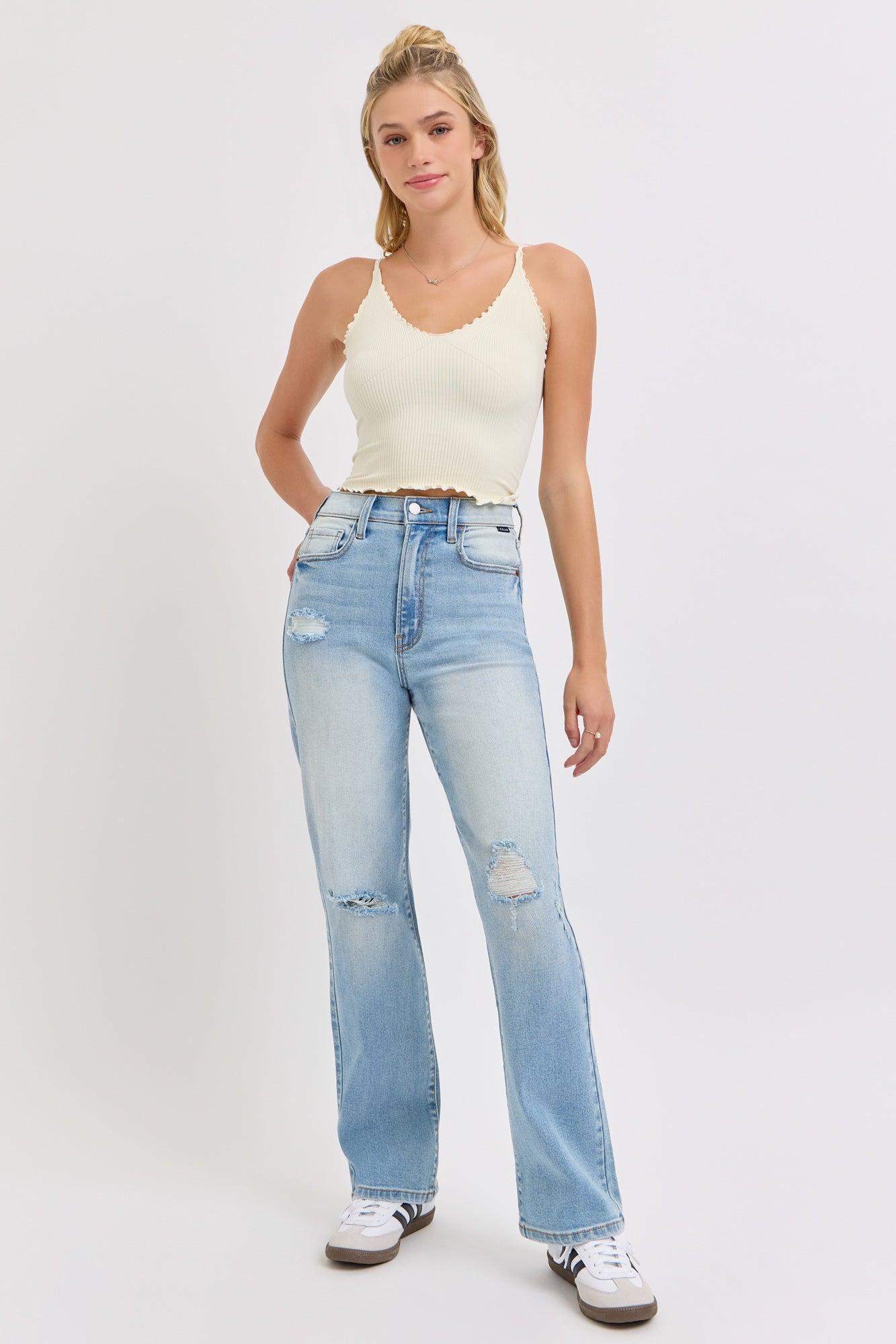Light Wash Super High Rise Distressed Dad Jeans - FINAL SALE Product Image