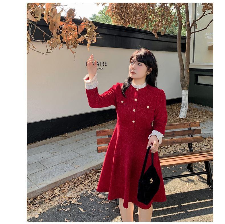 Plus Size Long-Sleeve Stand Collar Two Tone Ruffle Trim A-Line Dress Product Image