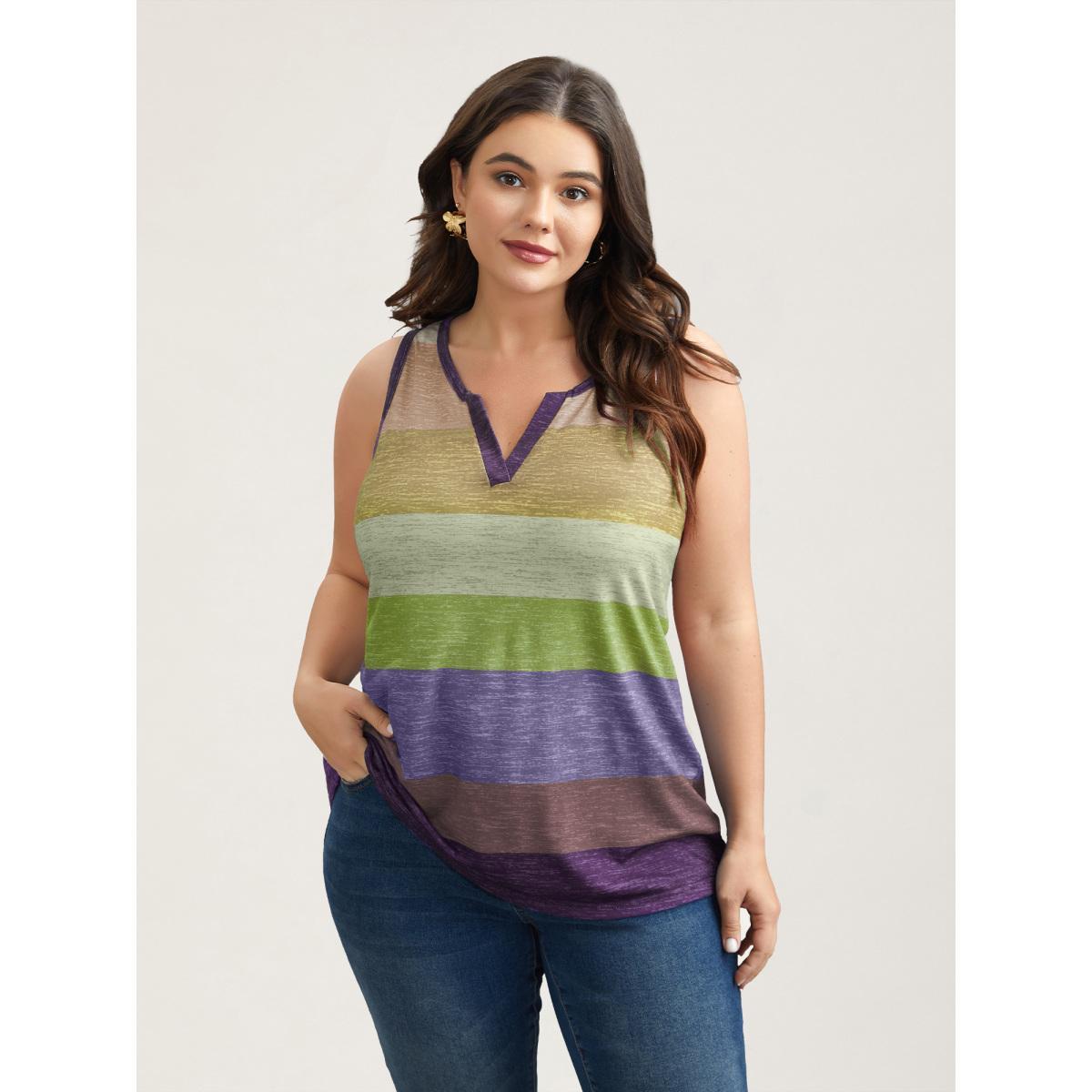 Plus Size Multi-Color Stripes Off-Sleeves Vest Women Indigo Elegant Contrast Notched collar Everyday Tank Tops Camis BloomChic 28/5X Product Image