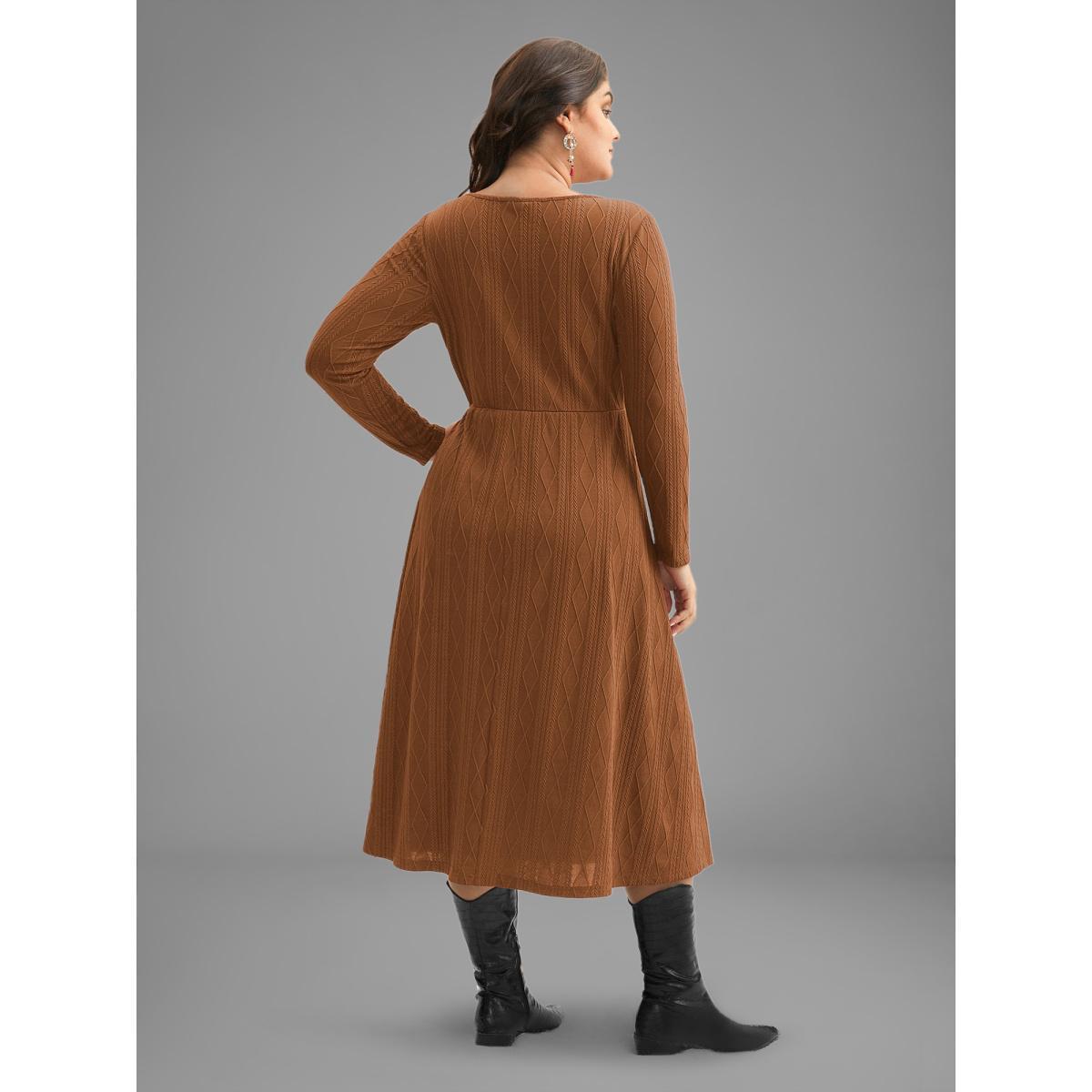 Plus Size Textured Knit Fit-And-Flare Midi Dress LightBrown Women Casual Texture Round Neck Long Sleeve Curvy BloomChic 22-24/3X Product Image