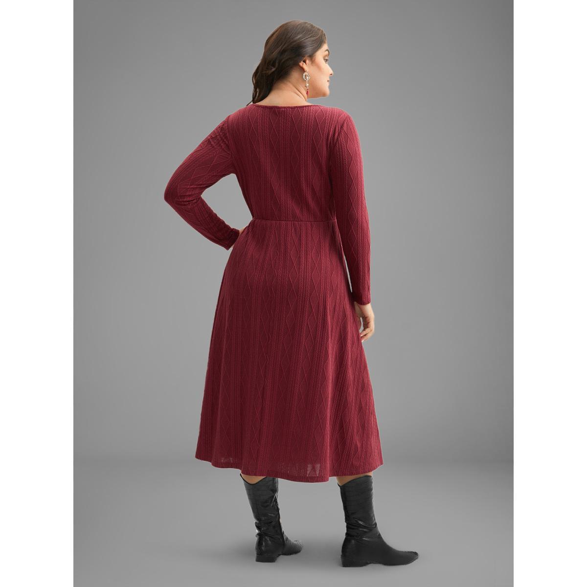 Plus Size Textured Knit Fit-And-Flare Midi Dress ArmyGreen Women Casual Texture Round Neck Long Sleeve Curvy BloomChic 12/L Product Image