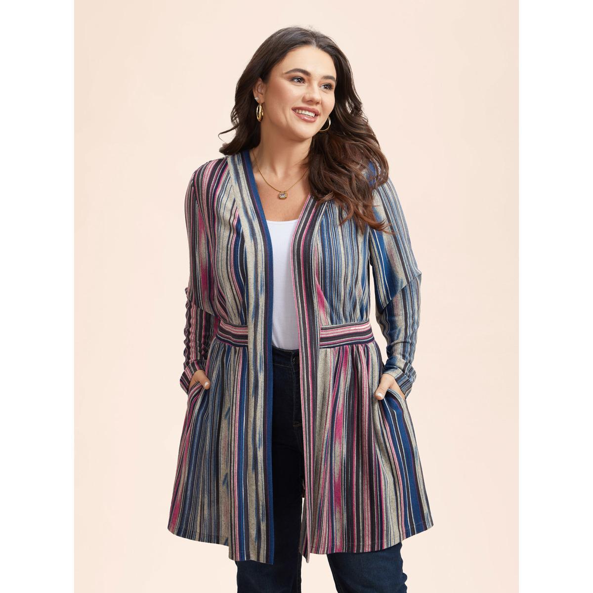 Plus Size Colored Striped Open Front Waist Defining Jacket Women DarkBlue Contrast Bodycon Side seam pocket Everyday Jackets BloomChic 26/4X Product Image