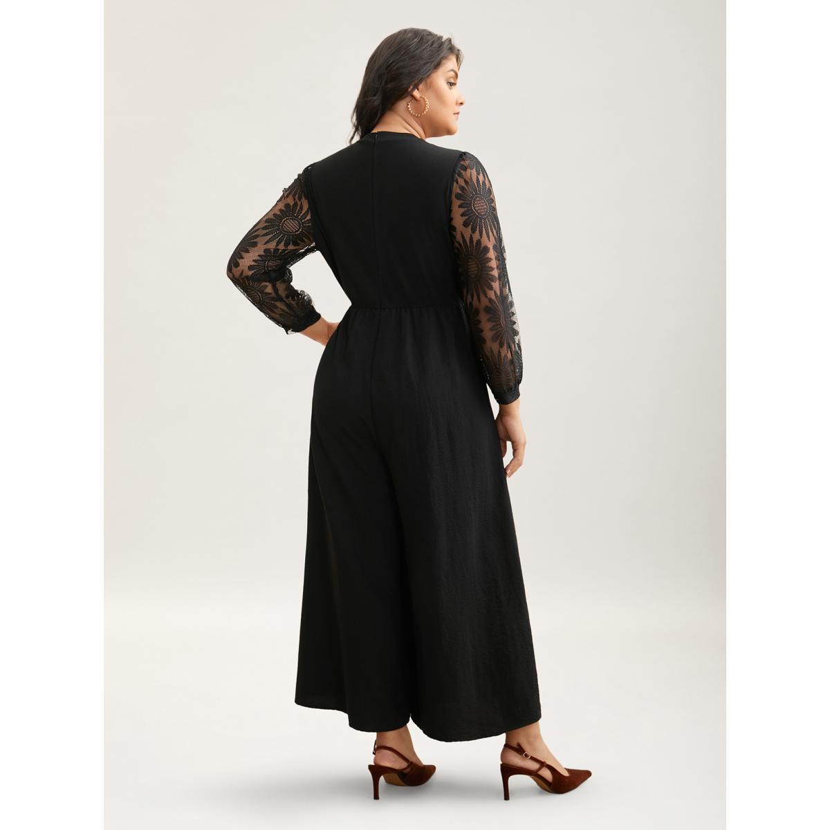 Plus Size Black Crochet Lace Mesh Mock Neck Jumpsuit Women Elegant Long Sleeve Mock Neck Everyday Loose Jumpsuits BloomChic 22-24/3X Product Image