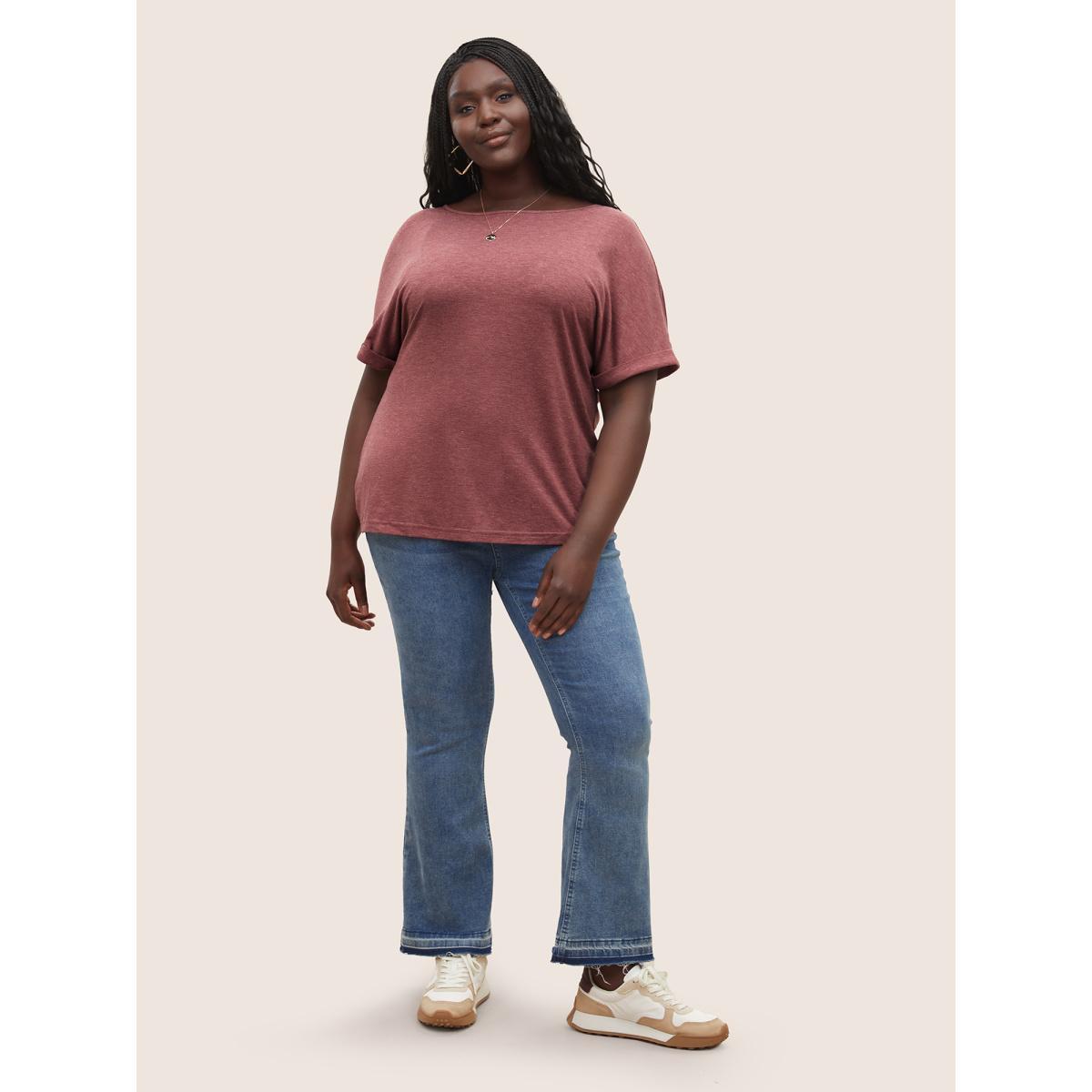 Plus Size Heather Button Detail Dolman Sleeve T-shirt Russet Women Casual Button Plain Round Neck Everyday T-shirts BloomChic 12/L Product Image