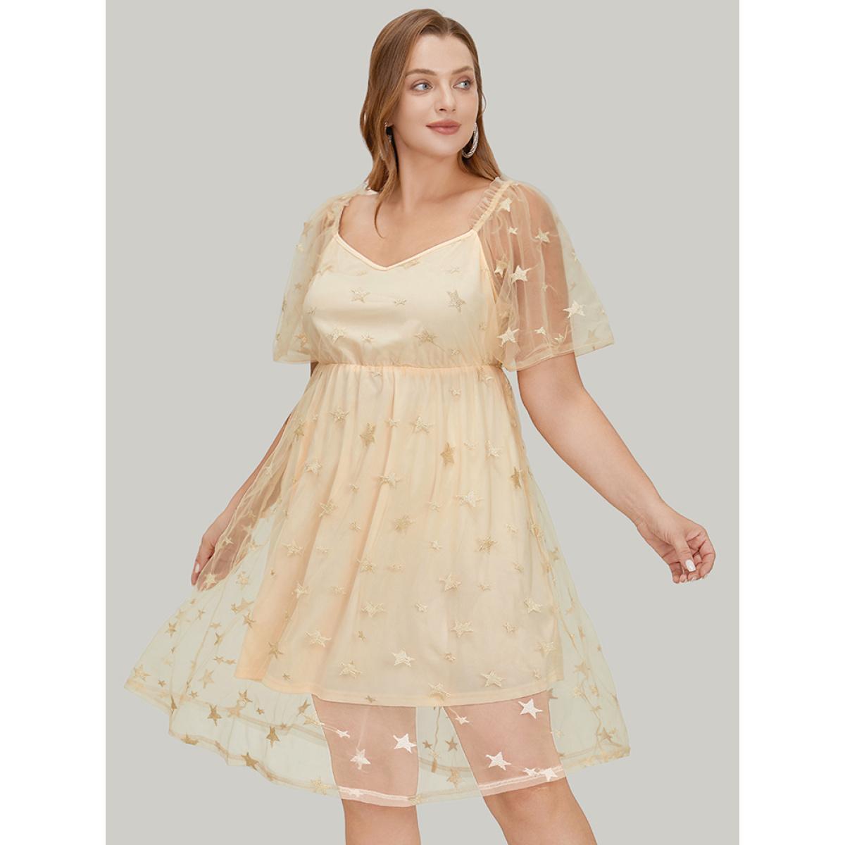 Plus Size Star Embroidered Mesh Ruffle Sleeve Frill Trim Dress Beige Women Glamour Lined V-neck Short sleeve Curvy Knee Dress BloomChic 26/4X Product Image