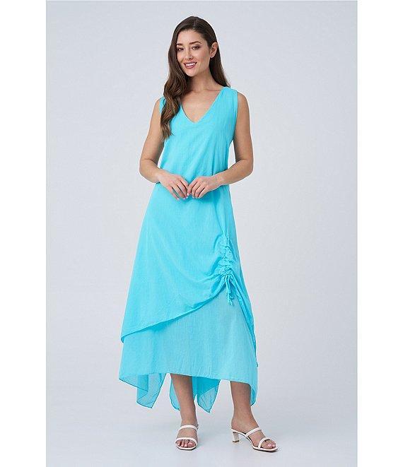 M Made in Italy Cotton Gauze V-Neck Sleeveless Layered Ruched Drawstring Midi A-Line Dress Product Image