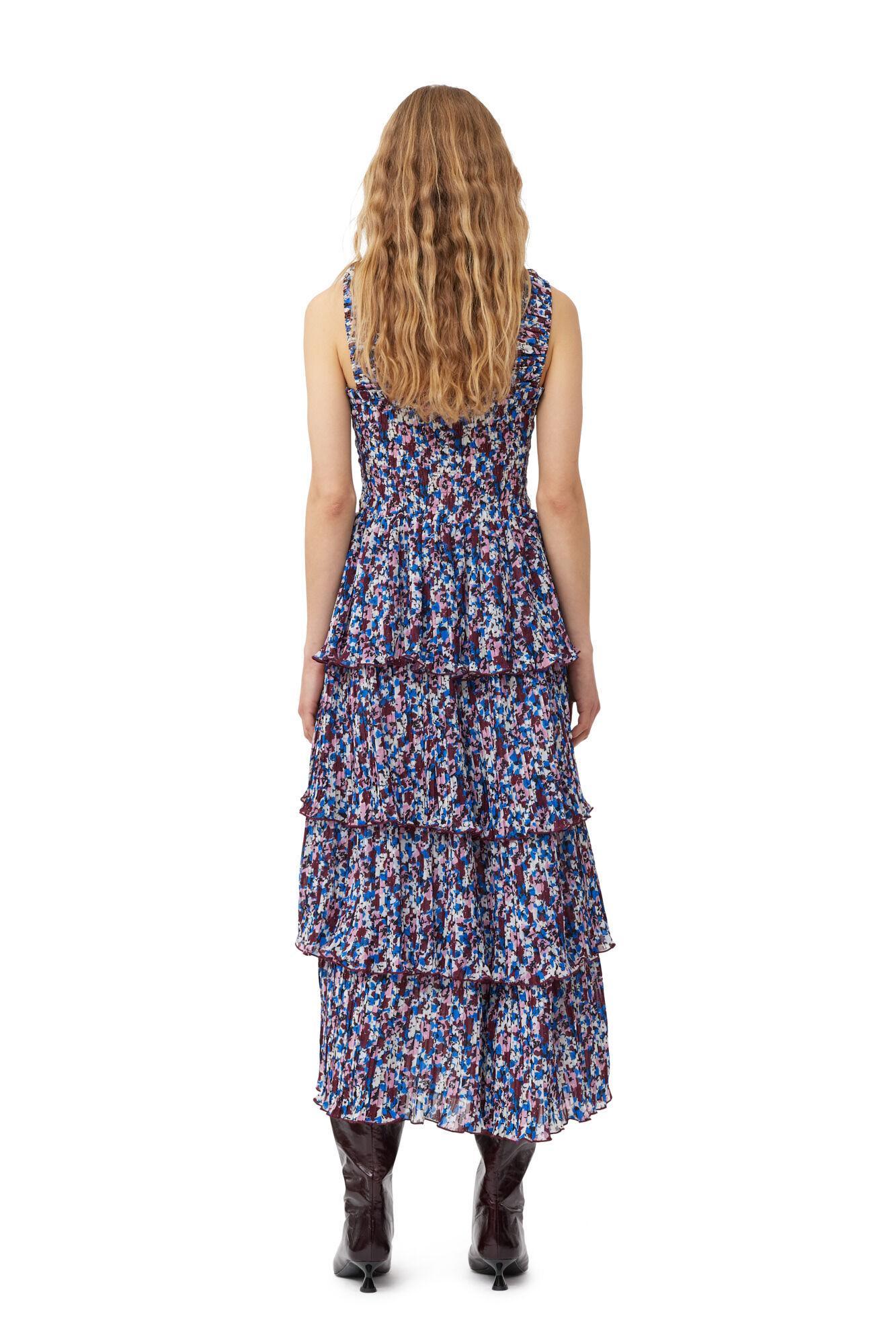 Multicolour Pleated Georgette Flounce Smock Midi Dress Product Image