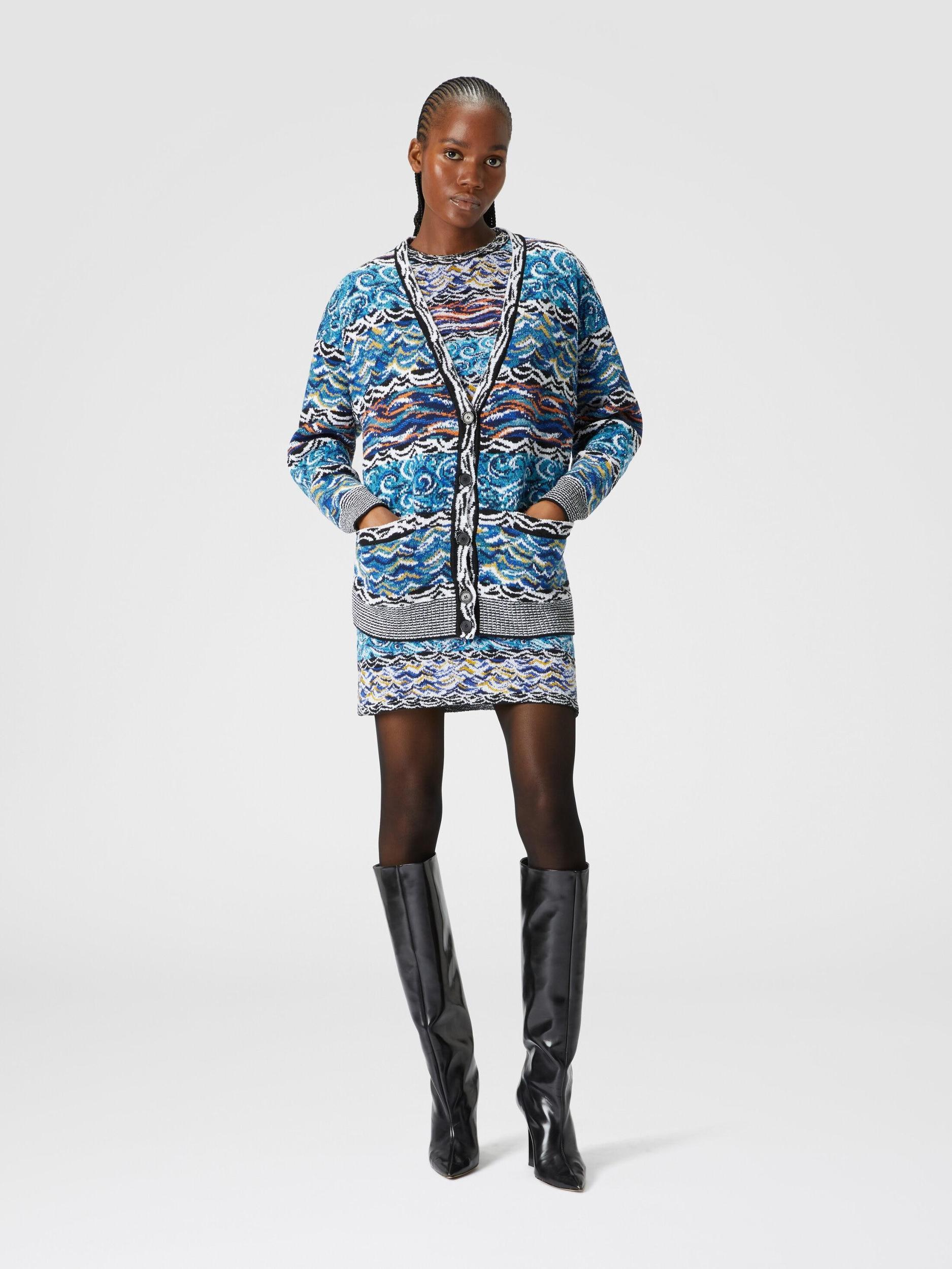 Oversized cardigan in wool and cotton jacquard with wave motif Product Image