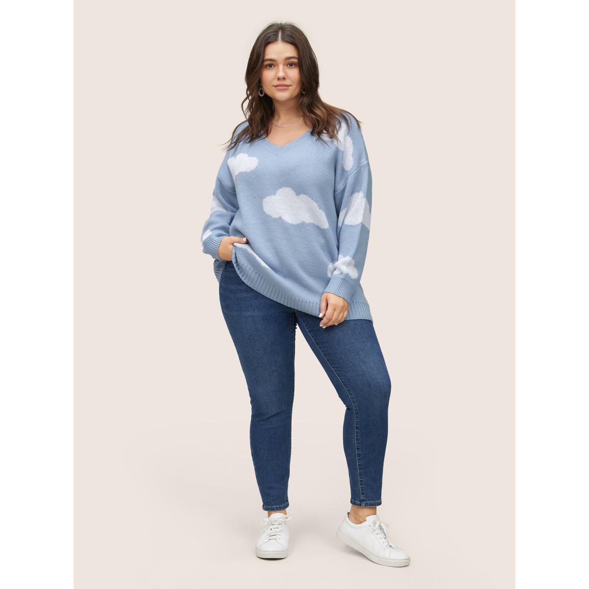 Plus Size Blue Sky White Clouds V Neck Pullover Stone Women Casual Long Sleeve V-neck Everyday Pullovers BloomChic 12/L Product Image