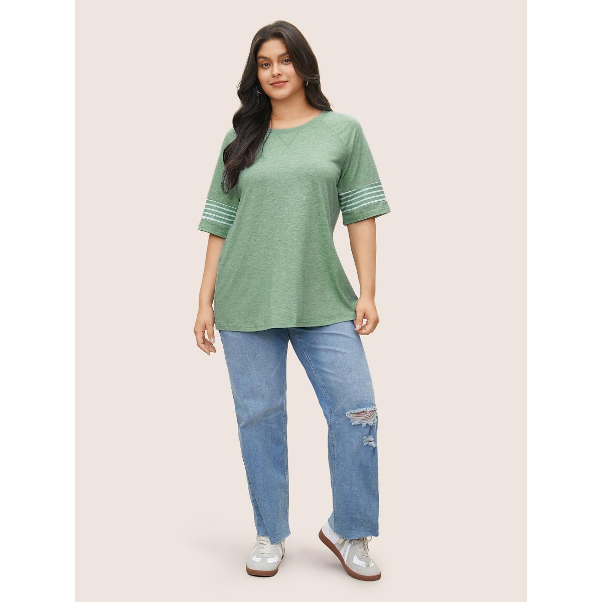 Plus Size Striped Contrast Raglan Sleeve Crew Neck T-shirt Mint Women Casual Plain Everyday T-shirts BloomChic 26/4X Product Image