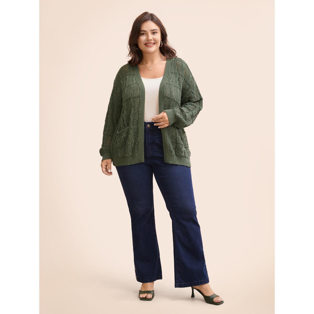 Plus Size Textured Cable Knit Pocket Cardigan Moss Women Casual Loose Long Sleeve Everyday Cardigans BloomChic 28/5X Product Image