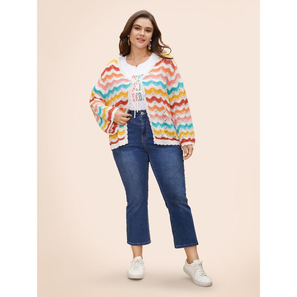 Plus Size Cotton Rainbow Perforated Front Tie Cardigan Multicolor Women Casual Loose Long Sleeve Everyday Cardigans BloomChic 12/L Product Image