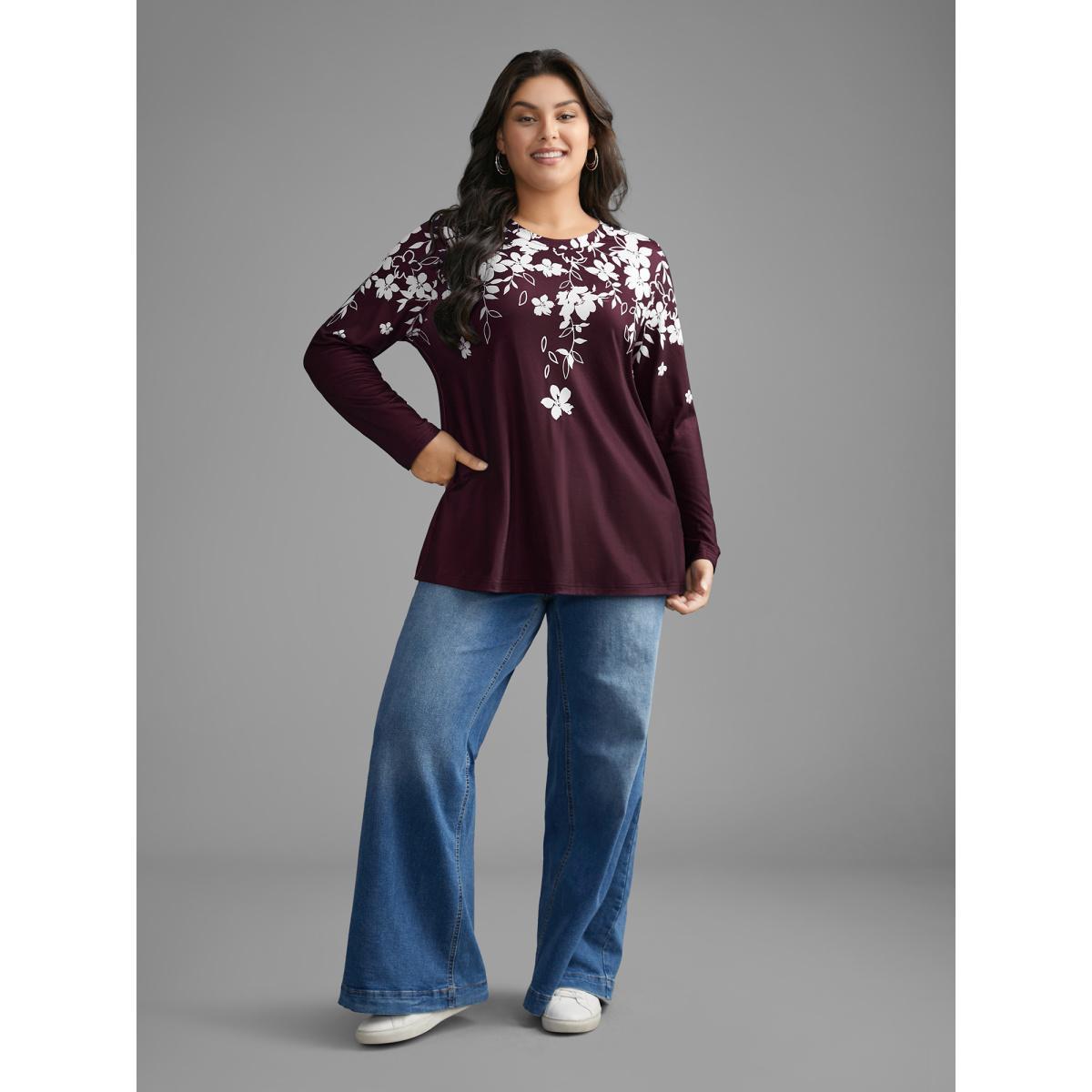Plus Size Round Neck Boho Print T-Shirt Cyan Women Casual Contrast Natural Flowers Round Neck Everyday T-shirts BloomChic 12/L Product Image