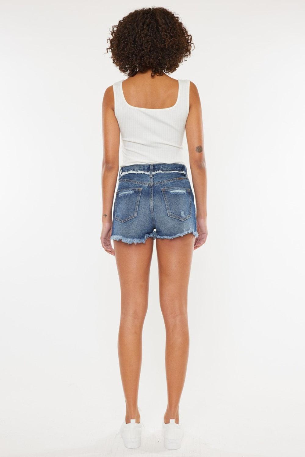 Kancan Dark Wash Distressed Button Fly Denim Shorts Product Image