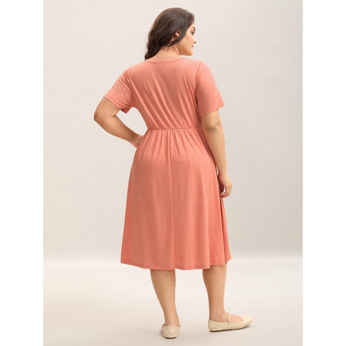 Plus Size Stretchy Knit Ruched Pockets Midi Dress Salmon Women Knit Dresses Bloomchic 10/M Product Image