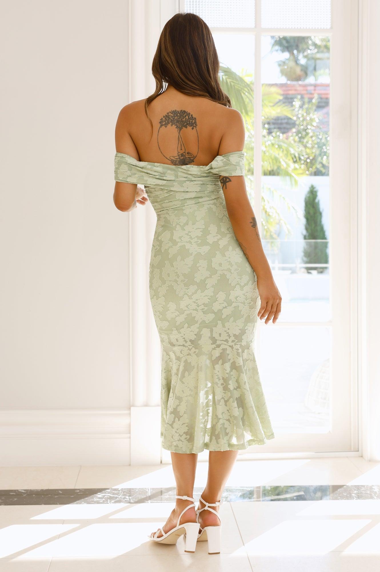 Botanical Embrace Off Shoulder Midi Dress Sage Product Image