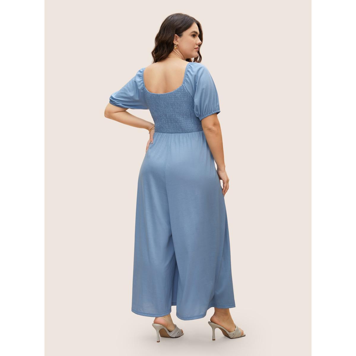 Plus Size Stone Heart Neckline Shirred Gathered Wide Leg Jumpsuit Women Elegant Short sleeve Heart neckline Everyday Loose Jumpsuits BloomChic 10/M Product Image