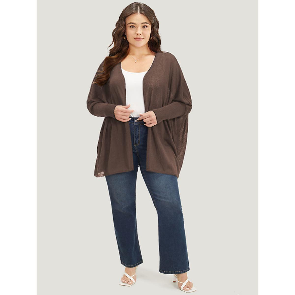 Plus Size Plain Open Front Batwing Sleeve Elastic Cuffs Cardigan DarkBrown Women Casual Loose Long Sleeve Everyday Cardigans BloomChic 12/L Product Image