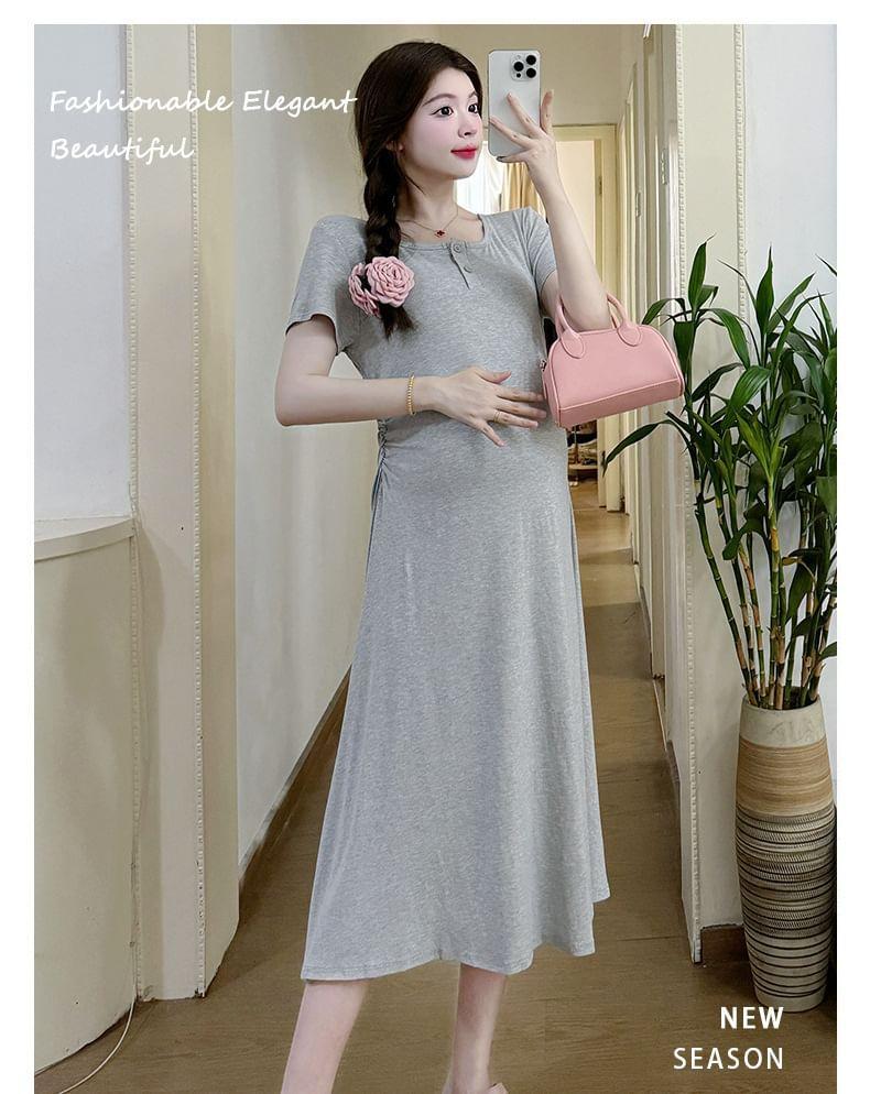 Maternity Short Sleeve Round Neck Plain Midi A-Line Dress Product Image