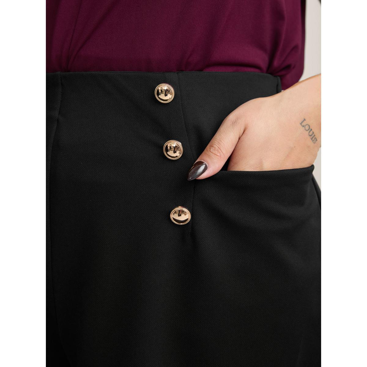 Plus Size No-Gap Waist Button Detail Straight-Leg Shorts Women Black At the Office Button Straight Leg Work Shorts BloomChic 26/4X Product Image