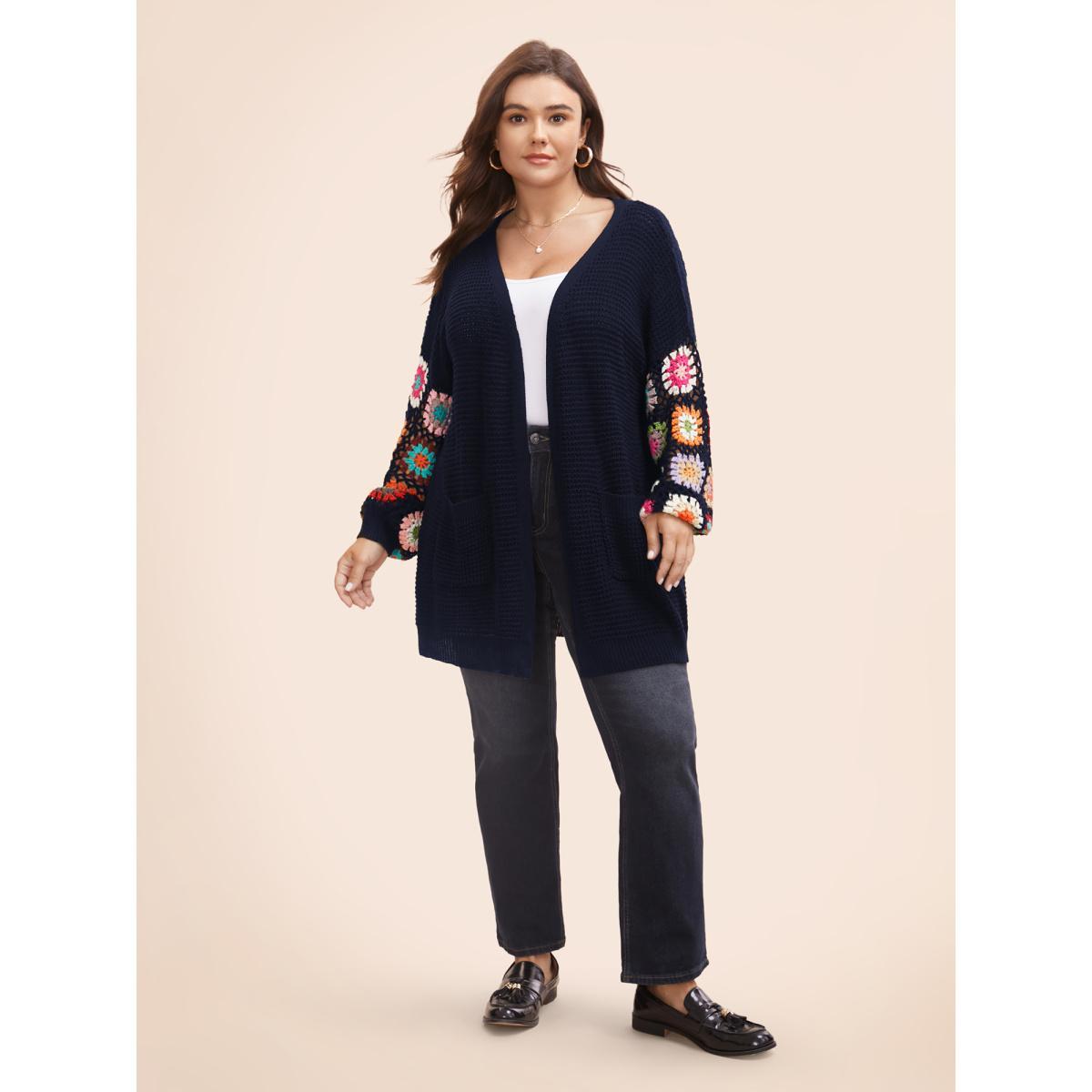 Plus Size Crochet Floral Drop Shoulder Cut Out Cardigan Midnight Women Resort Loose Long Sleeve Vacation Cardigans BloomChic 10/M Product Image