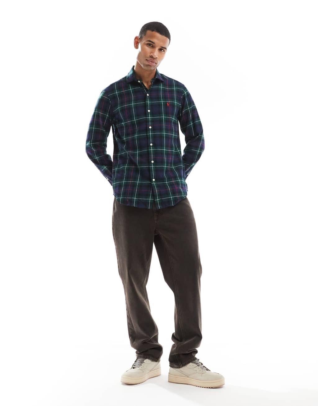 Polo Ralph Lauren icon logo check sanded twill shirt custom fit in green/red Product Image