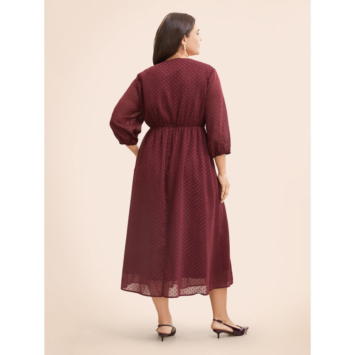 Plus Size Plain Textured Ruched Lantern Sleeve Dress Scarlet Women Elegant Heart neckline Elbow-length sleeve Curvy BloomChic 28/5X Product Image