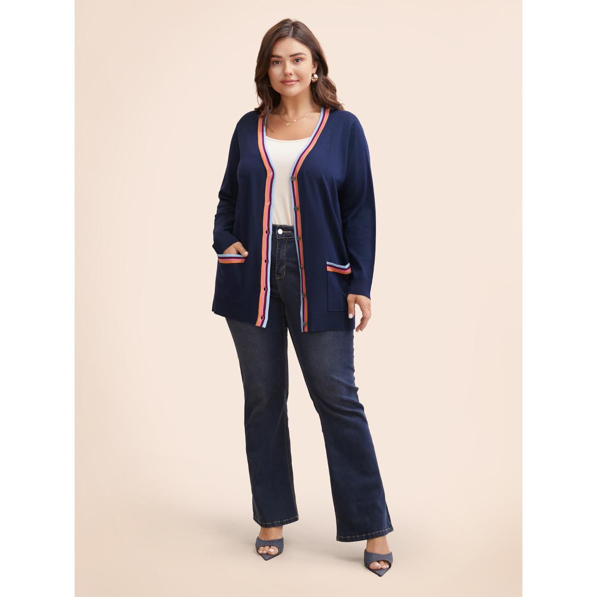 Plus Size Contrast Striped Trim Patch Pocket Cardigan Indigo Women Casual Loose Long Sleeve Everyday Cardigans BloomChic 14-16/1X Product Image